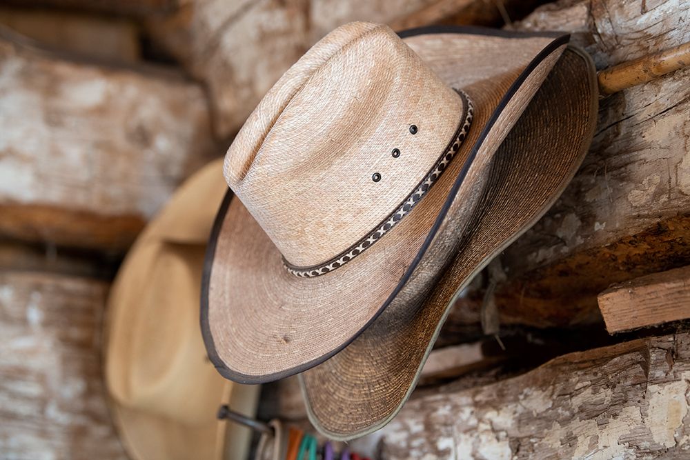 USA-Colorado-Westcliffe Music Meadows Ranch Tack room-cowboy hat detail